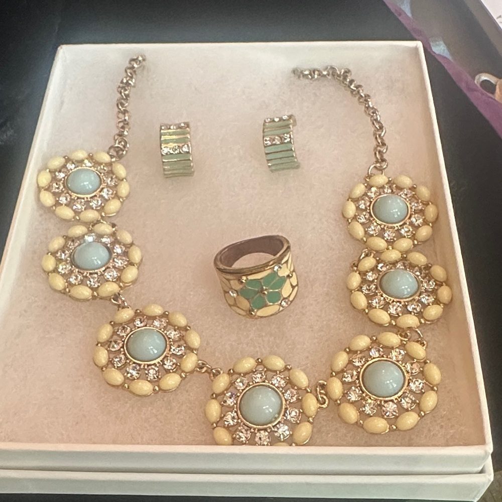 Vintage Blue Enamel Jewelry Set Necklace Ring Clip Earrings Floral Gold Tone - Picture 6 of 10